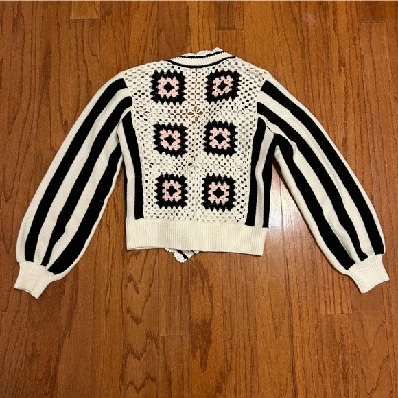 Anne Fontaine Black and Cream Crochet Cardigan Black White Pink Knit Size M